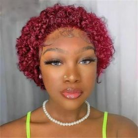 Pixie Cut 99J Color Lace Wig Spring Curl Short Human Hair Wig For Women Brazilian Burgundy Pixie Cut Wig (Option: 13x1 99j curly Pixie Cut Wig)